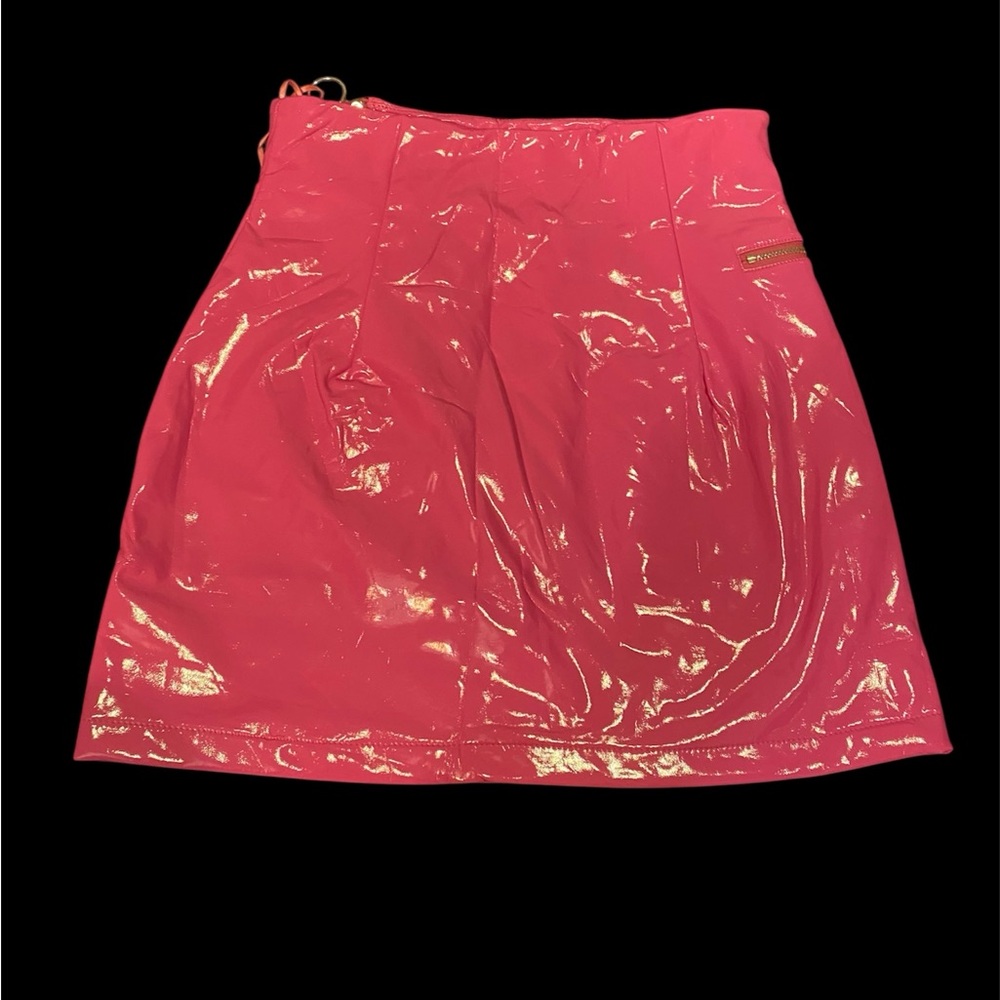 Hot Pink Vinyl Miniskirt With Zipper Accents - Picture 2 of 5